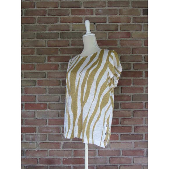 Tan White Zebra Animal Print Cap Sleeve Blouse 100% Linen Tahari Size M - Picture 4 of 16